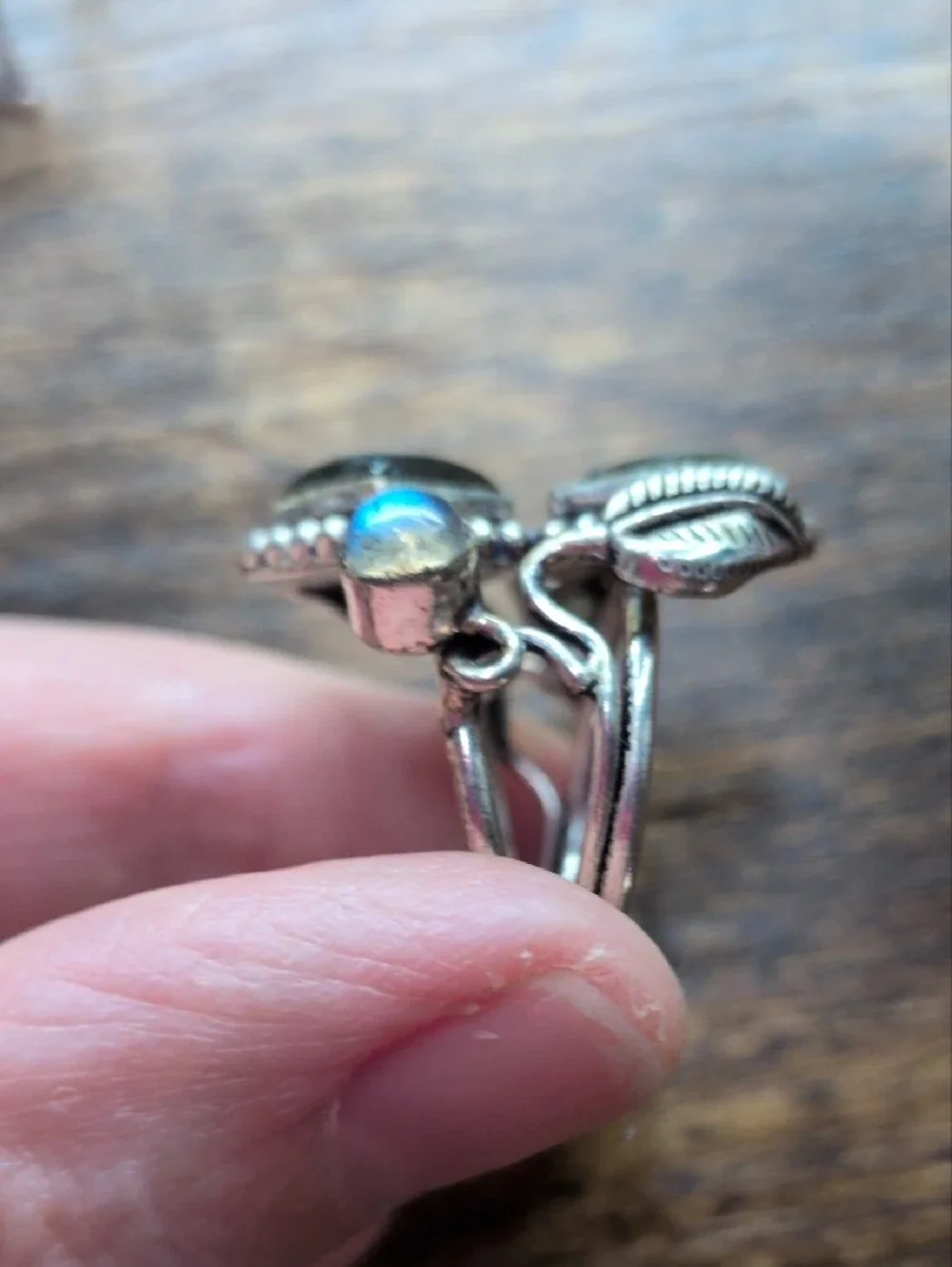 Labradorite Double Square Statement Ring - Silver Leaf Design
